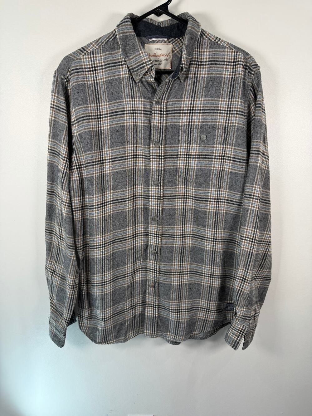 Weatherproof Vintage Mens Flannel Shirt M Gray Tan Plaid Button Down Pocket